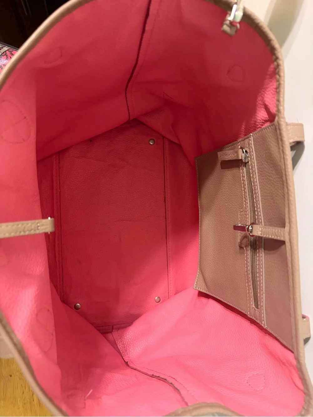 Lodis Taupe Leather Tote with Pink Trim and Matching Wristlet